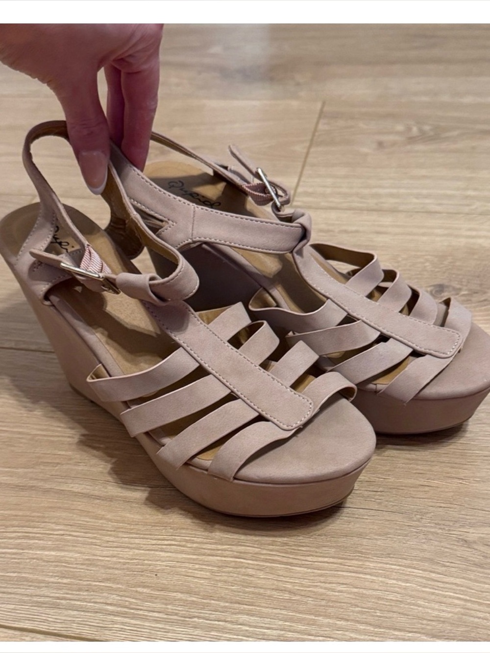 Women’s Nude T-Strap Platform Wedge Sandals